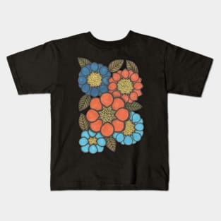 Flower power, orange, blue, green, retro flowers Kids T-Shirt